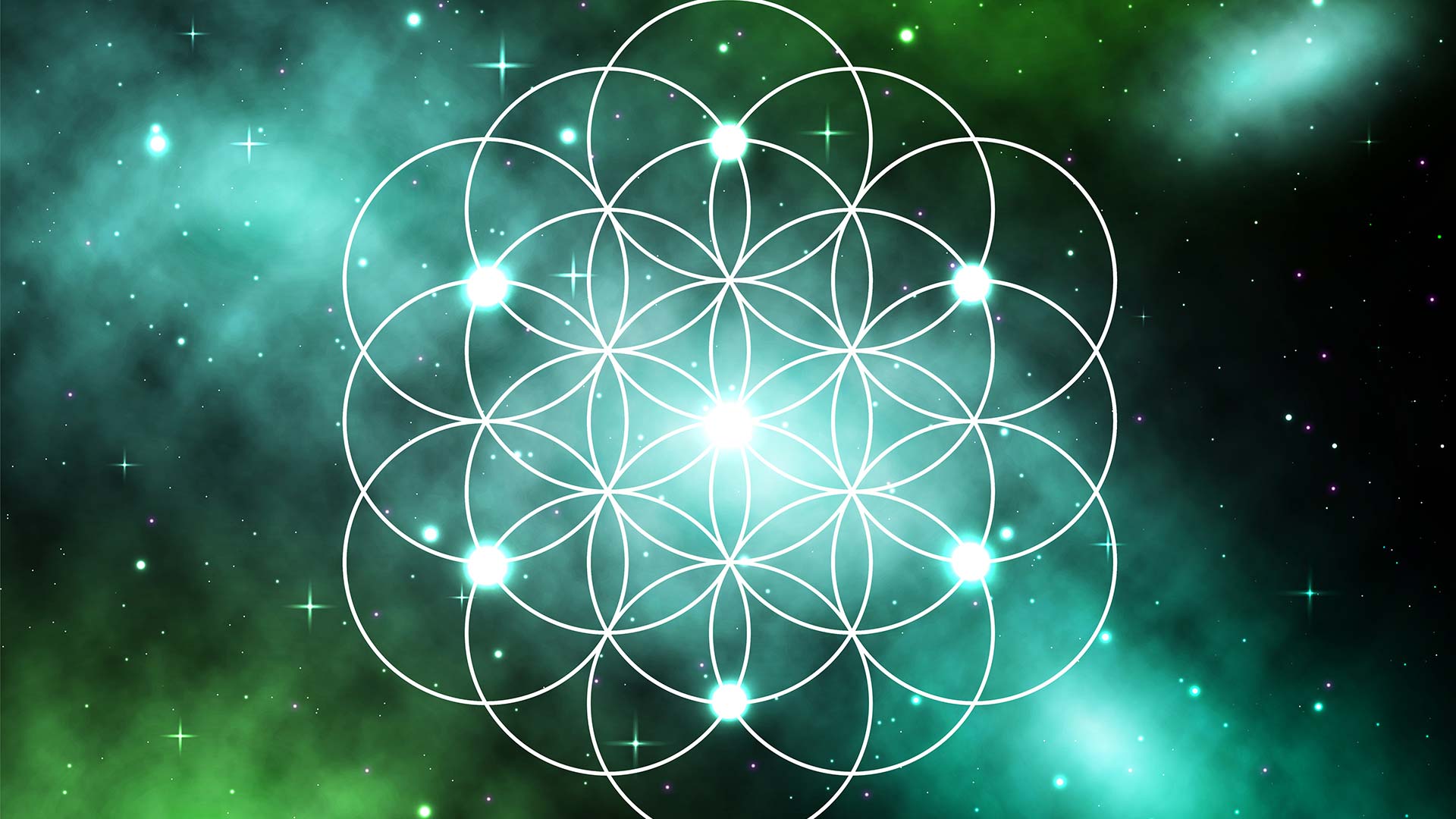 Blume des Lebens vor grün-leuchtendem Universum – Symbolik aus dem Kursangebot von Prana – Schönes für die Sinne in Flensburg